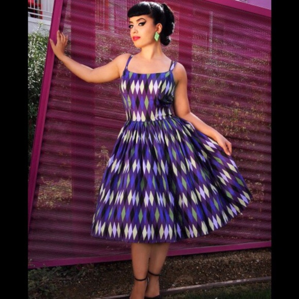 PINUP COUTURE JENNY DRESS / PURPLE HARLEQUIN PRINT
